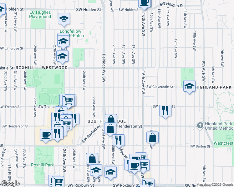 map of restaurants, bars, coffee shops, grocery stores, and more near 8617 18th Avenue Southwest in Seattle