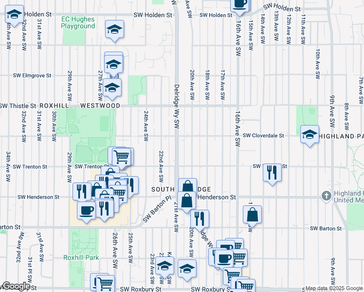 map of restaurants, bars, coffee shops, grocery stores, and more near 8613 20th Avenue Southwest in Seattle