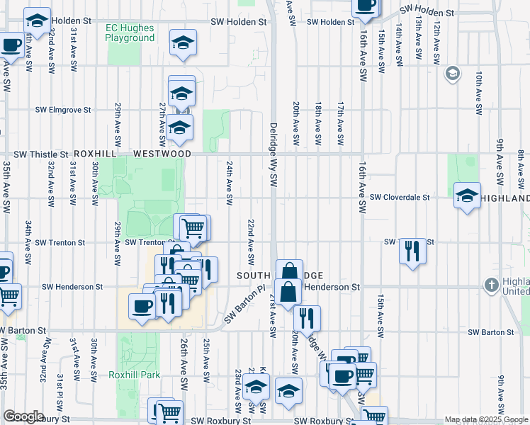 map of restaurants, bars, coffee shops, grocery stores, and more near 8617 Delridge Way Southwest in Seattle