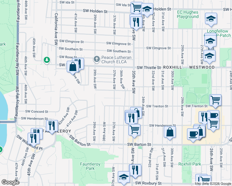 map of restaurants, bars, coffee shops, grocery stores, and more near 3623 Southwest Cloverdale Street in Seattle
