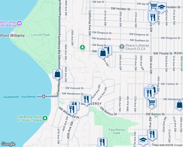 map of restaurants, bars, coffee shops, grocery stores, and more near 8636 Fauntlee Crest Southwest in Seattle