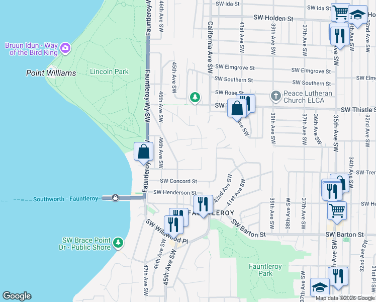 map of restaurants, bars, coffee shops, grocery stores, and more near 4329 Southwest Donovan Street in Seattle