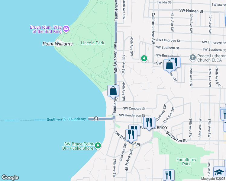 map of restaurants, bars, coffee shops, grocery stores, and more near 8626 Fauntleroy Way Southwest in Seattle