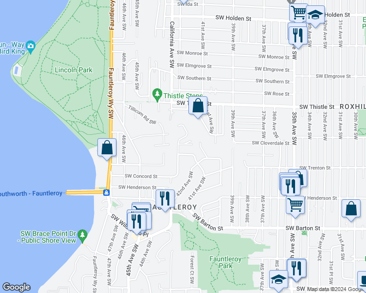 map of restaurants, bars, coffee shops, grocery stores, and more near 8636 Fauntlee Crest Southwest in Seattle