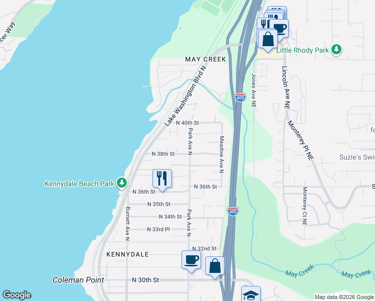 map of restaurants, bars, coffee shops, grocery stores, and more near 3805 Park Avenue North in Renton