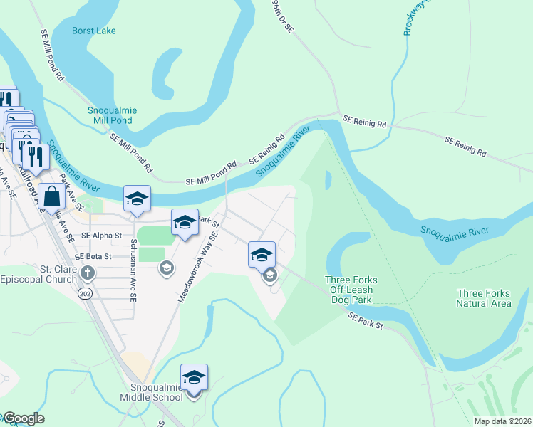 map of restaurants, bars, coffee shops, grocery stores, and more near 39763 Southeast Walnut Street in Snoqualmie