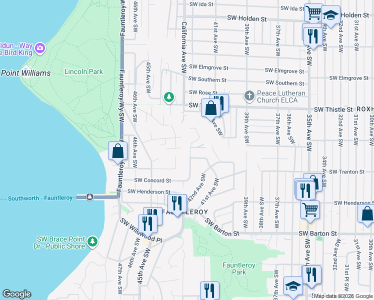map of restaurants, bars, coffee shops, grocery stores, and more near 8636 Fauntlee Crest Southwest in Seattle