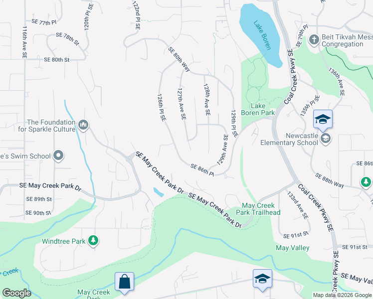 map of restaurants, bars, coffee shops, grocery stores, and more near 8445 127th Avenue Southeast in Newcastle