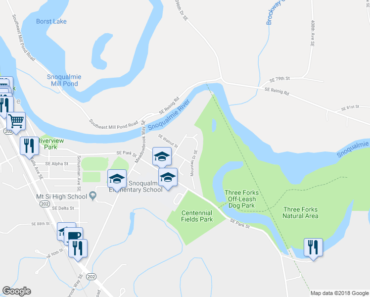 map of restaurants, bars, coffee shops, grocery stores, and more near 8298 Mountain Avenue Southeast in Snoqualmie