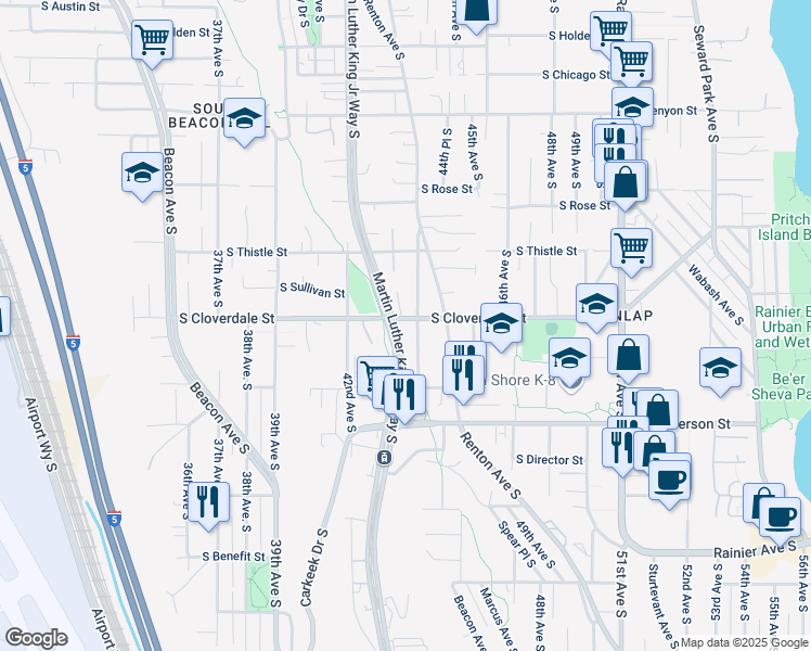 map of restaurants, bars, coffee shops, grocery stores, and more near 4257 South Cloverdale Street in Seattle