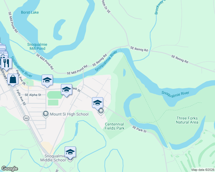 map of restaurants, bars, coffee shops, grocery stores, and more near 8298 Mountain Avenue Southeast in Snoqualmie