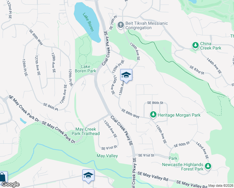map of restaurants, bars, coffee shops, grocery stores, and more near 8550 135th Avenue Southeast in Newcastle