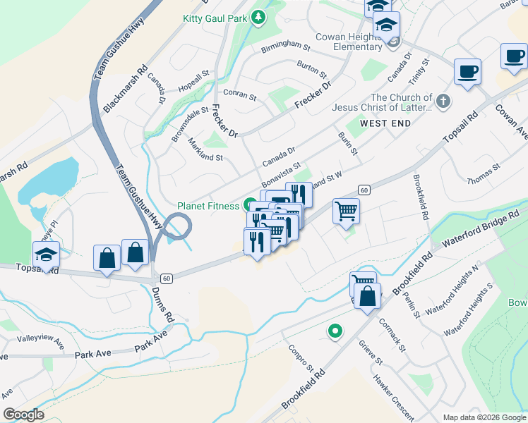 map of restaurants, bars, coffee shops, grocery stores, and more near 644 Topsail Road in St. John's