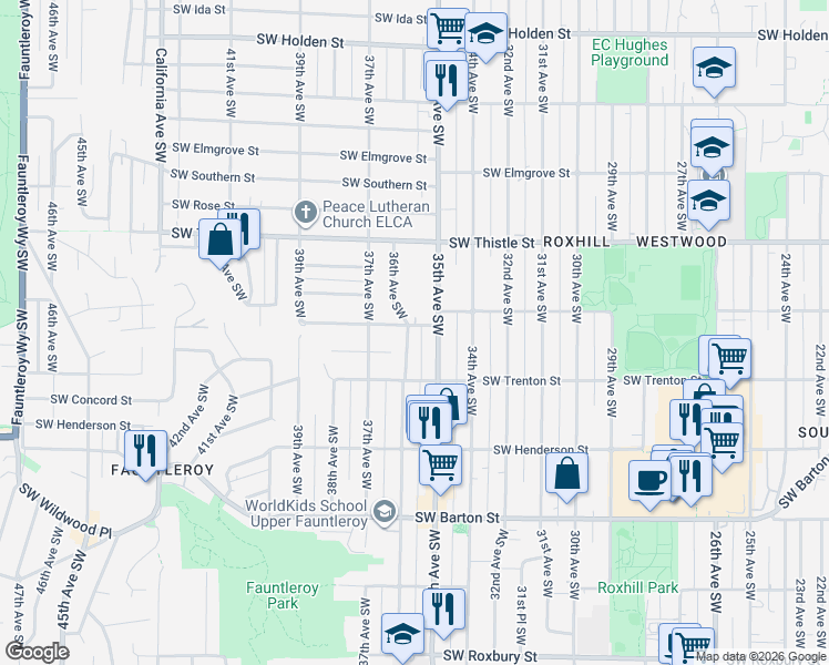 map of restaurants, bars, coffee shops, grocery stores, and more near 8600 36th Avenue Southwest in Seattle
