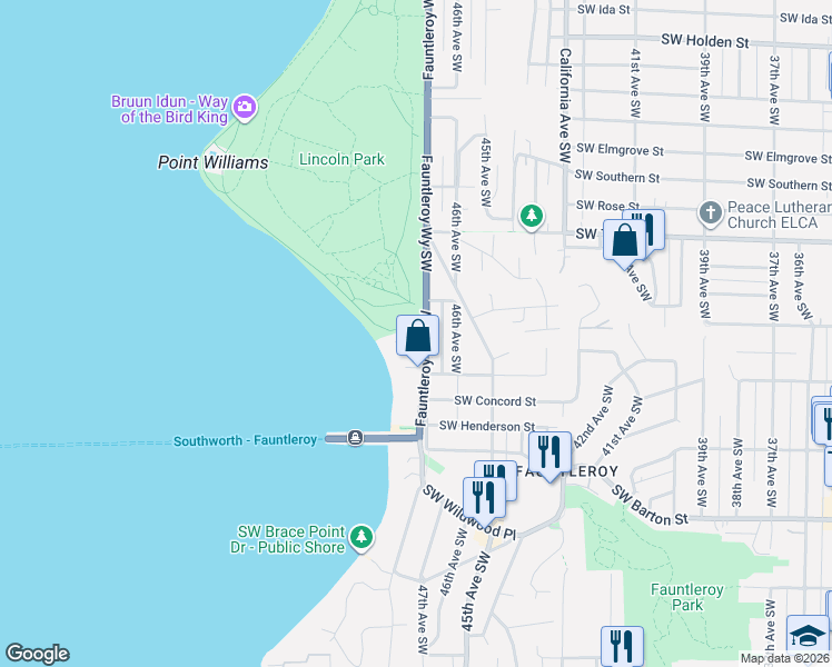 map of restaurants, bars, coffee shops, grocery stores, and more near 8626 Fauntleroy Way Southwest in Seattle