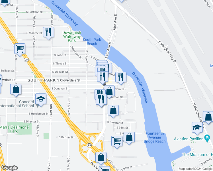 map of restaurants, bars, coffee shops, grocery stores, and more near 8616 14th Avenue South in Seattle