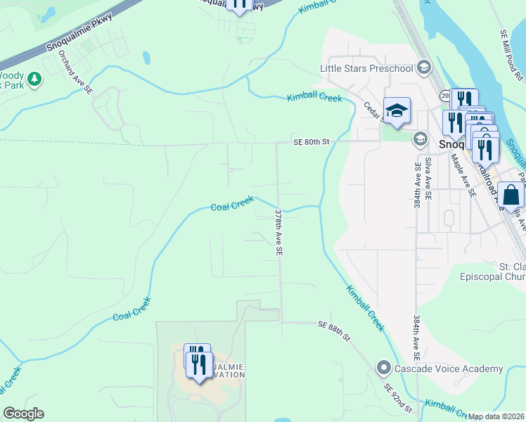 map of restaurants, bars, coffee shops, grocery stores, and more near 8311 378th Avenue Southeast in Snoqualmie