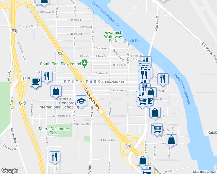 map of restaurants, bars, coffee shops, grocery stores, and more near 8617 10th Avenue South in Seattle