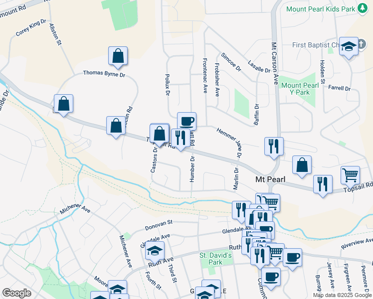 map of restaurants, bars, coffee shops, grocery stores, and more near Topsail Road in Mount Pearl