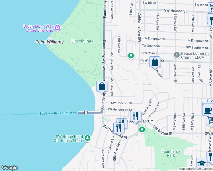 map of restaurants, bars, coffee shops, grocery stores, and more near 8626 Fauntleroy Way Southwest in Seattle