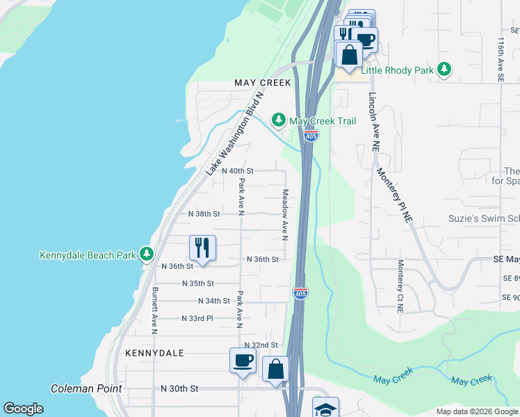 map of restaurants, bars, coffee shops, grocery stores, and more near 1320 North 38th Street in Renton