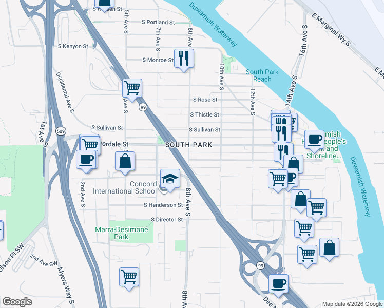 map of restaurants, bars, coffee shops, grocery stores, and more near 800 South Donovan Street in Seattle