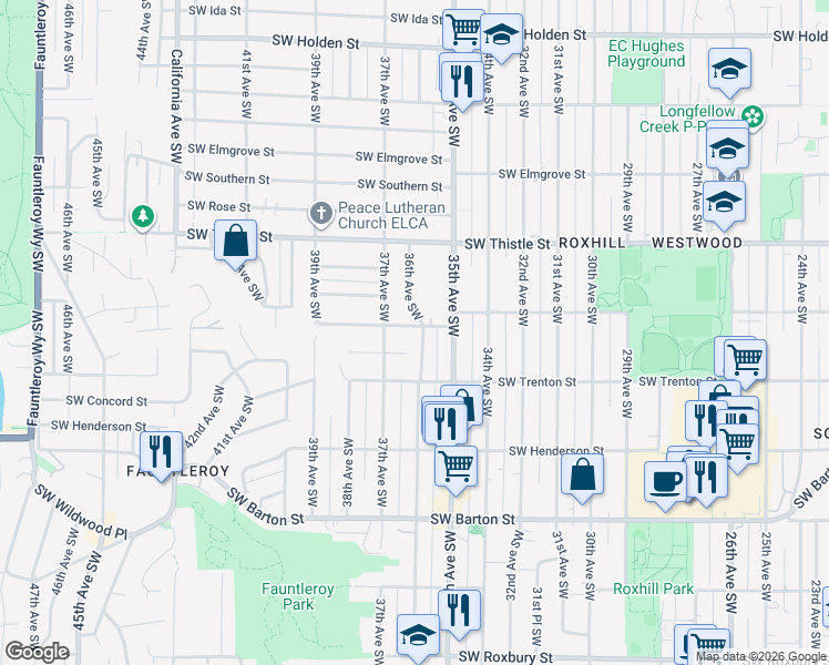 map of restaurants, bars, coffee shops, grocery stores, and more near 8600 36th Avenue Southwest in Seattle