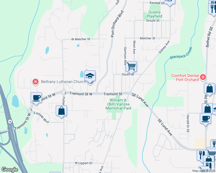 map of restaurants, bars, coffee shops, grocery stores, and more near 1421 Howard Avenue in Port Orchard