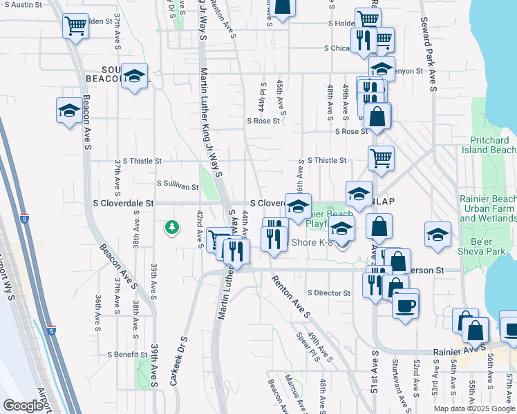 map of restaurants, bars, coffee shops, grocery stores, and more near 8603 Renton Avenue South in Seattle