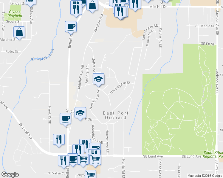 map of restaurants, bars, coffee shops, grocery stores, and more near 2091 Harding Avenue Southeast in Port Orchard