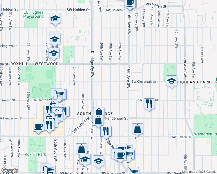 map of restaurants, bars, coffee shops, grocery stores, and more near 8617 18th Avenue Southwest in Seattle
