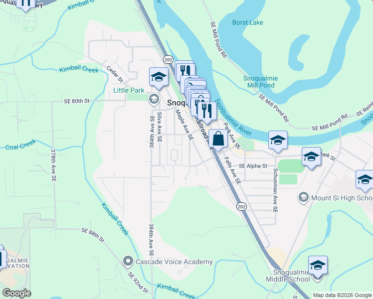 map of restaurants, bars, coffee shops, grocery stores, and more near 8323 Doone Avenue Southeast in Snoqualmie