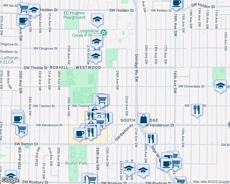 map of restaurants, bars, coffee shops, grocery stores, and more near 8615 24th Avenue Southwest in Seattle