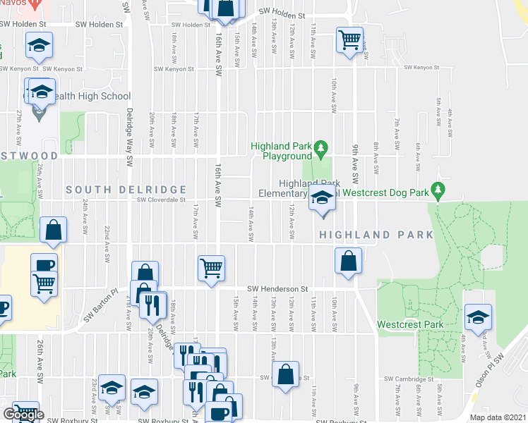 map of restaurants, bars, coffee shops, grocery stores, and more near 8615 13th Avenue Southwest in Seattle
