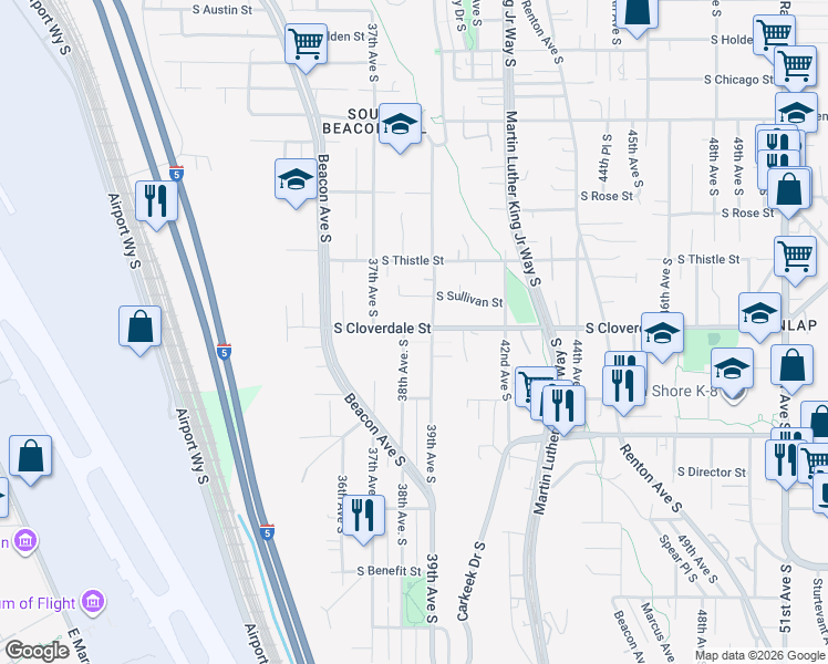 map of restaurants, bars, coffee shops, grocery stores, and more near 3807 South Cloverdale Street in Seattle