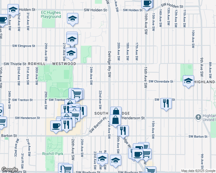 map of restaurants, bars, coffee shops, grocery stores, and more near 8617 Delridge Way Southwest in Seattle