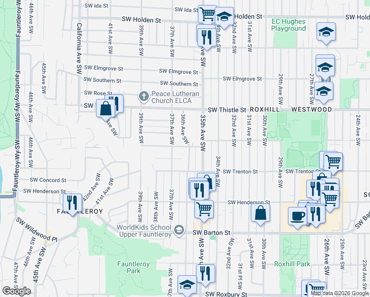 map of restaurants, bars, coffee shops, grocery stores, and more near 8600 36th Avenue Southwest in Seattle