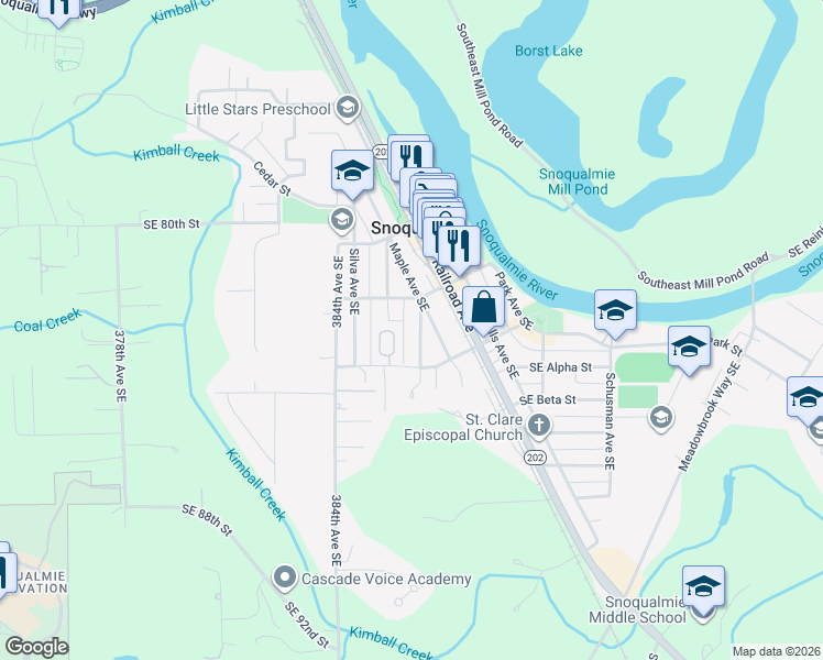 map of restaurants, bars, coffee shops, grocery stores, and more near 8323 Doone Avenue Southeast in Snoqualmie