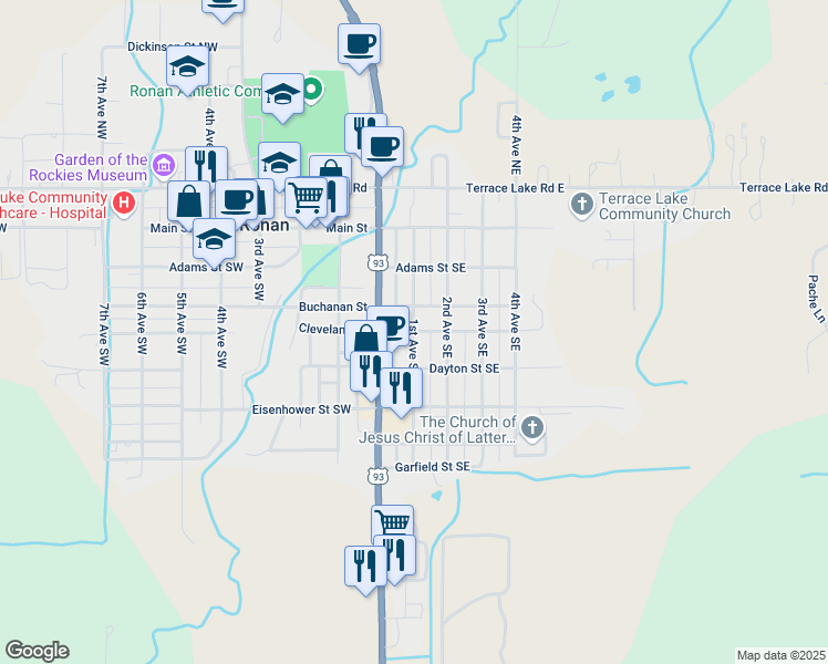map of restaurants, bars, coffee shops, grocery stores, and more near 99 Cleveland St SE in Ronan