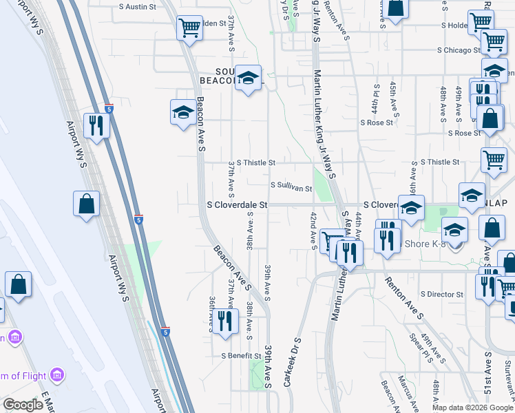 map of restaurants, bars, coffee shops, grocery stores, and more near 3807 South Cloverdale Street in Seattle