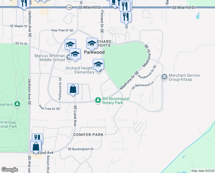 map of restaurants, bars, coffee shops, grocery stores, and more near 4075 Southeast Lodgepole Court in Port Orchard