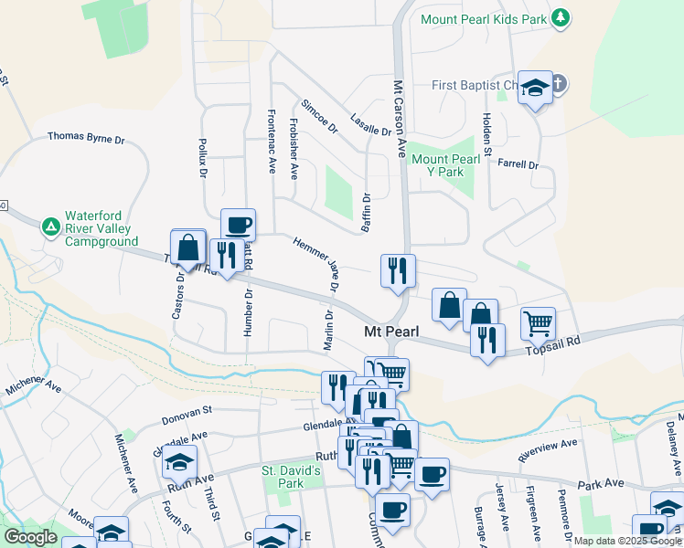 map of restaurants, bars, coffee shops, grocery stores, and more near 35 Hemmer Jane Drive in Mount Pearl