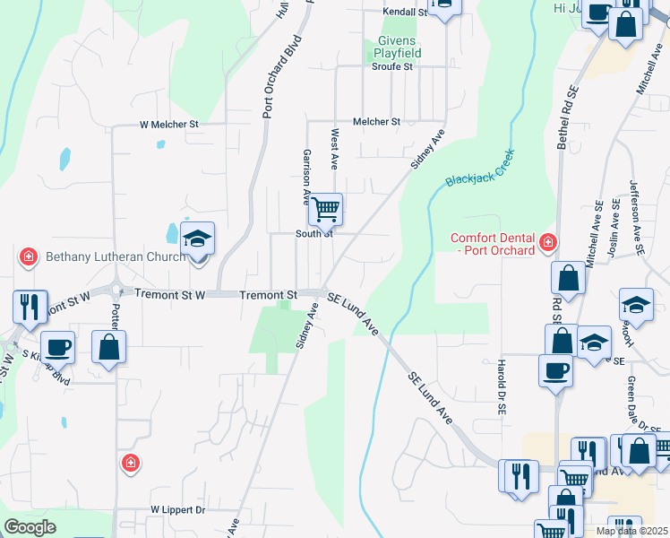 map of restaurants, bars, coffee shops, grocery stores, and more near Sidney Avenue in Port Orchard