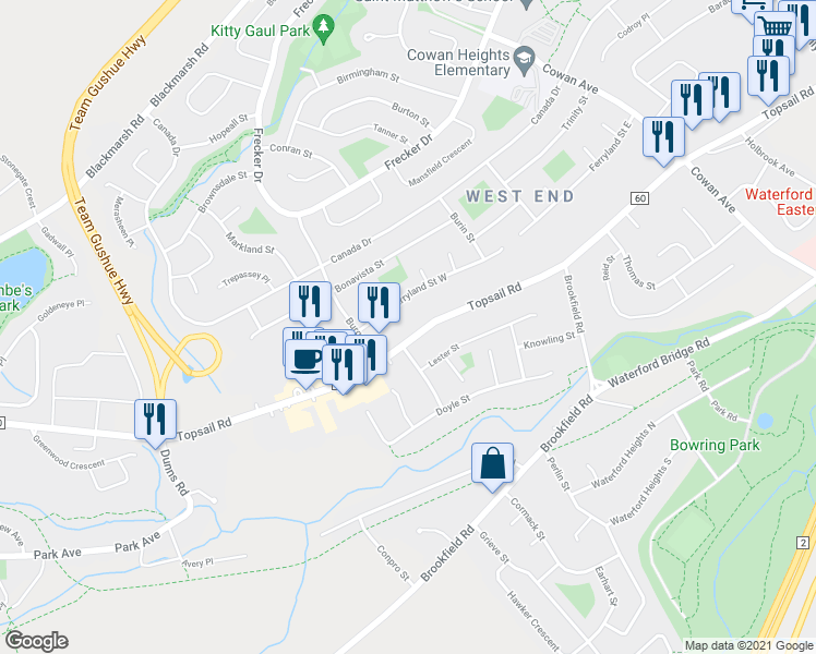 map of restaurants, bars, coffee shops, grocery stores, and more near 620 Topsail Road in St. John's