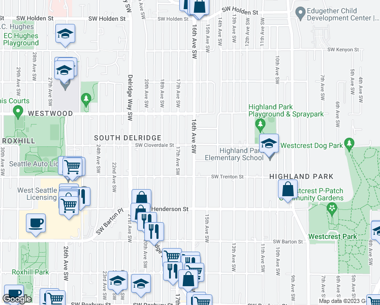 map of restaurants, bars, coffee shops, grocery stores, and more near 8613 16th Avenue Southwest in Seattle