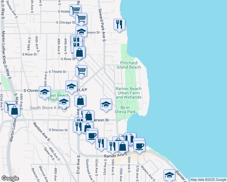map of restaurants, bars, coffee shops, grocery stores, and more near 8640 Wabash Avenue South in Seattle