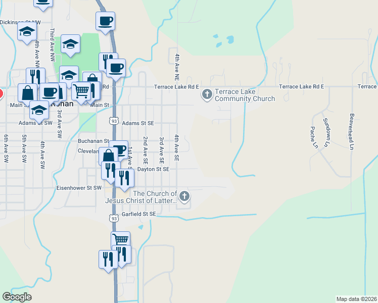 map of restaurants, bars, coffee shops, grocery stores, and more near 426 Cleveland Street Southeast in Ronan