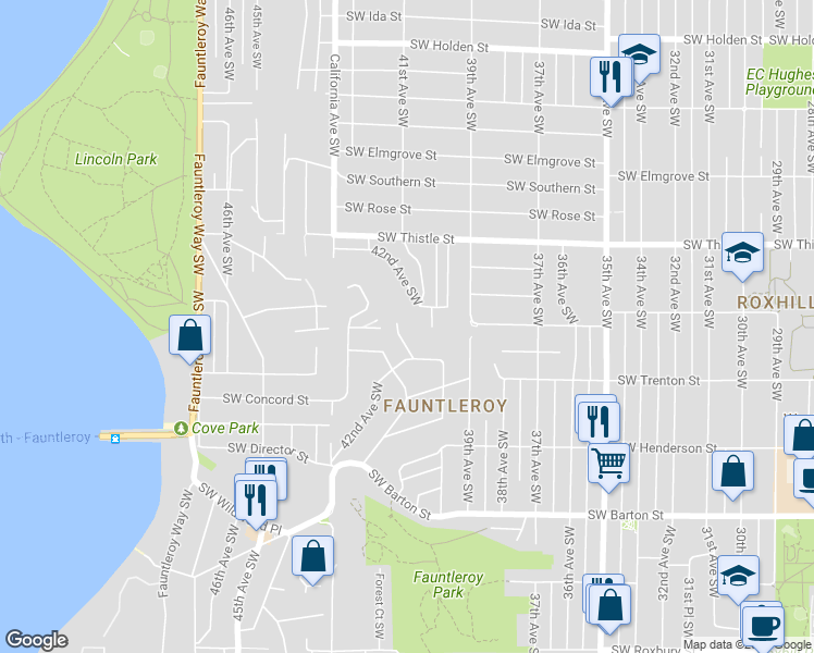 map of restaurants, bars, coffee shops, grocery stores, and more near 8620 Vashon View Southwest in Seattle