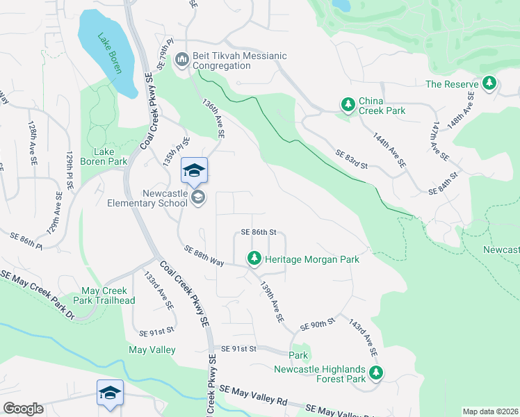 map of restaurants, bars, coffee shops, grocery stores, and more near 13812 Southeast 85th Street in Newcastle