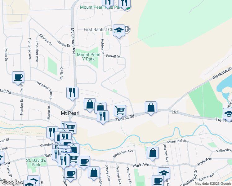 map of restaurants, bars, coffee shops, grocery stores, and more near Farrell Drive in Mount Pearl